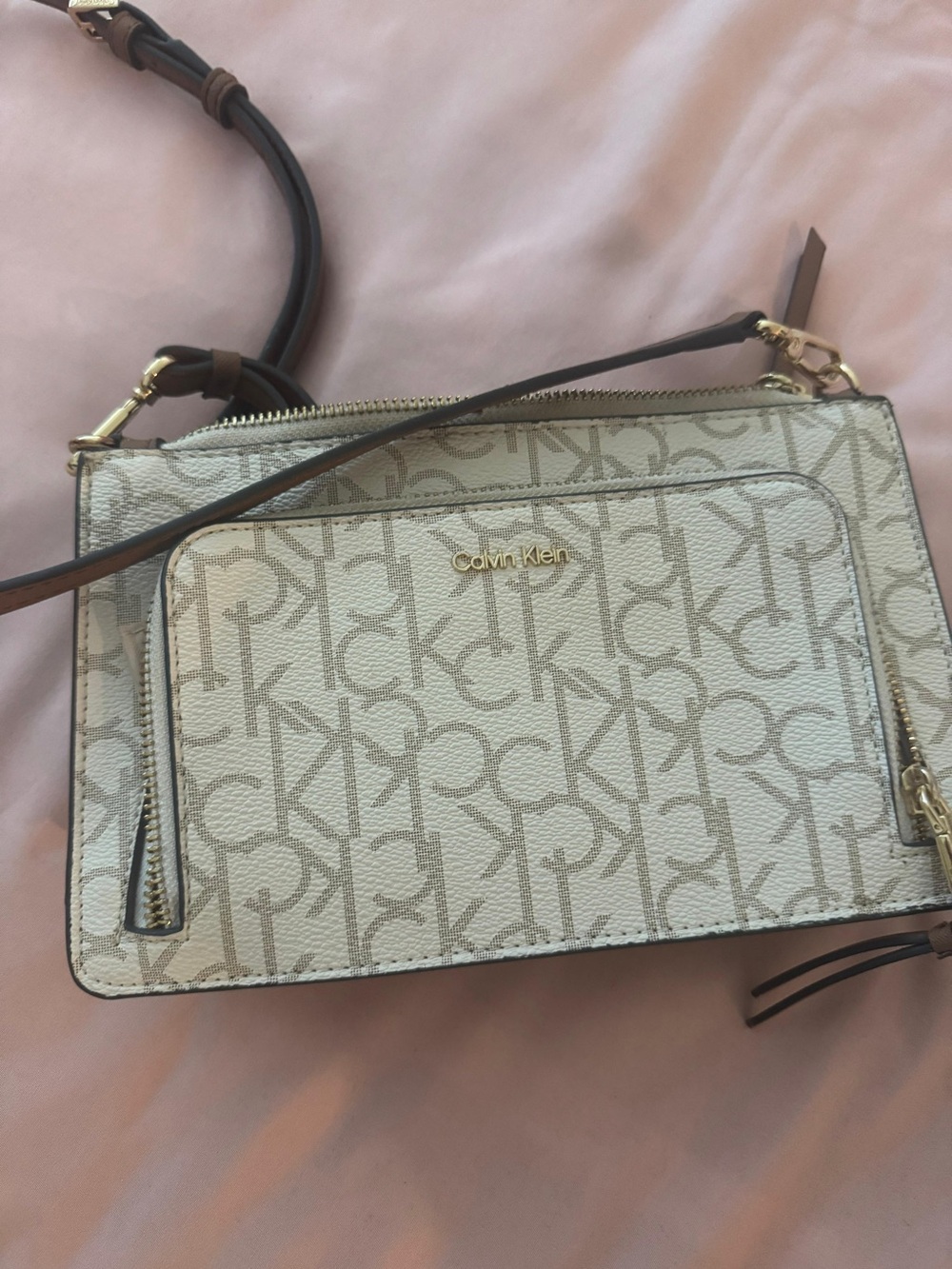 Calvin Klein Beige Logo Pattern Crossbody Bag with Gold Hardware
